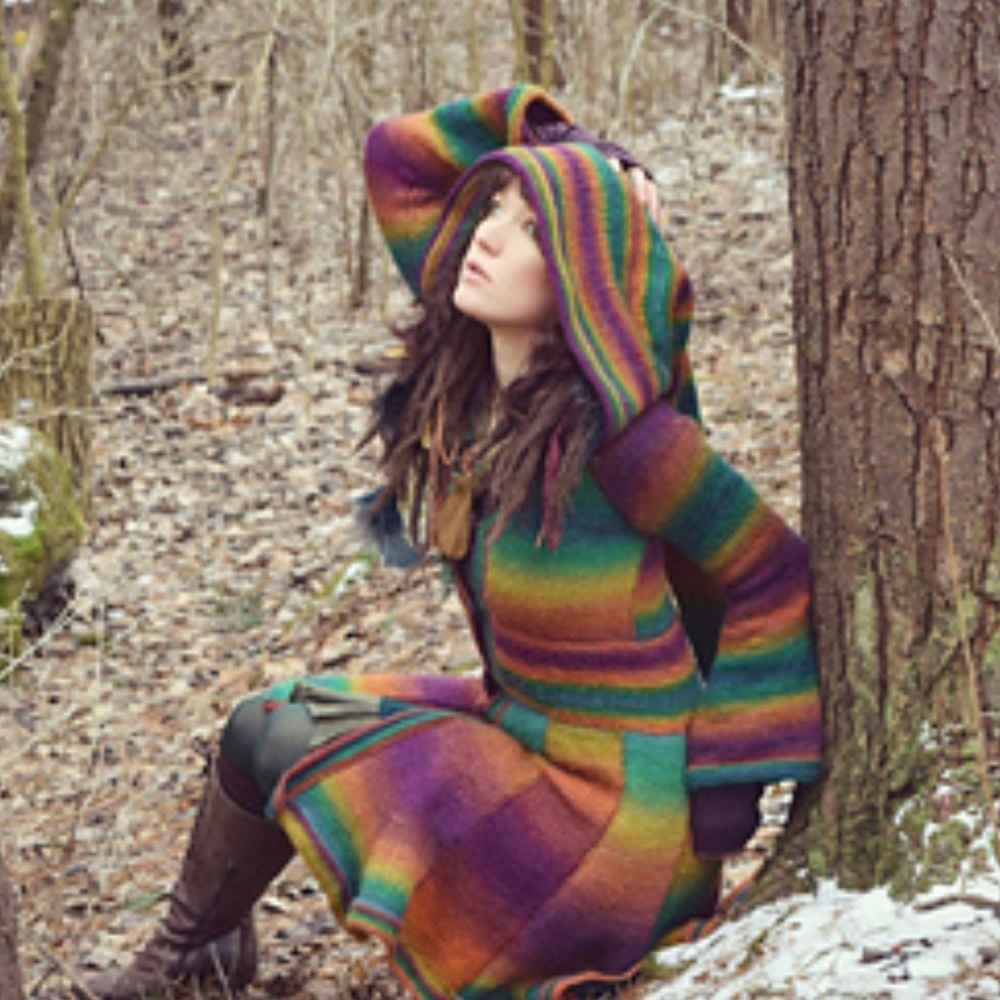 Elf Coat Long Sleeve Midi Robe With Long Hood Women Size Large Multicolored NWOT